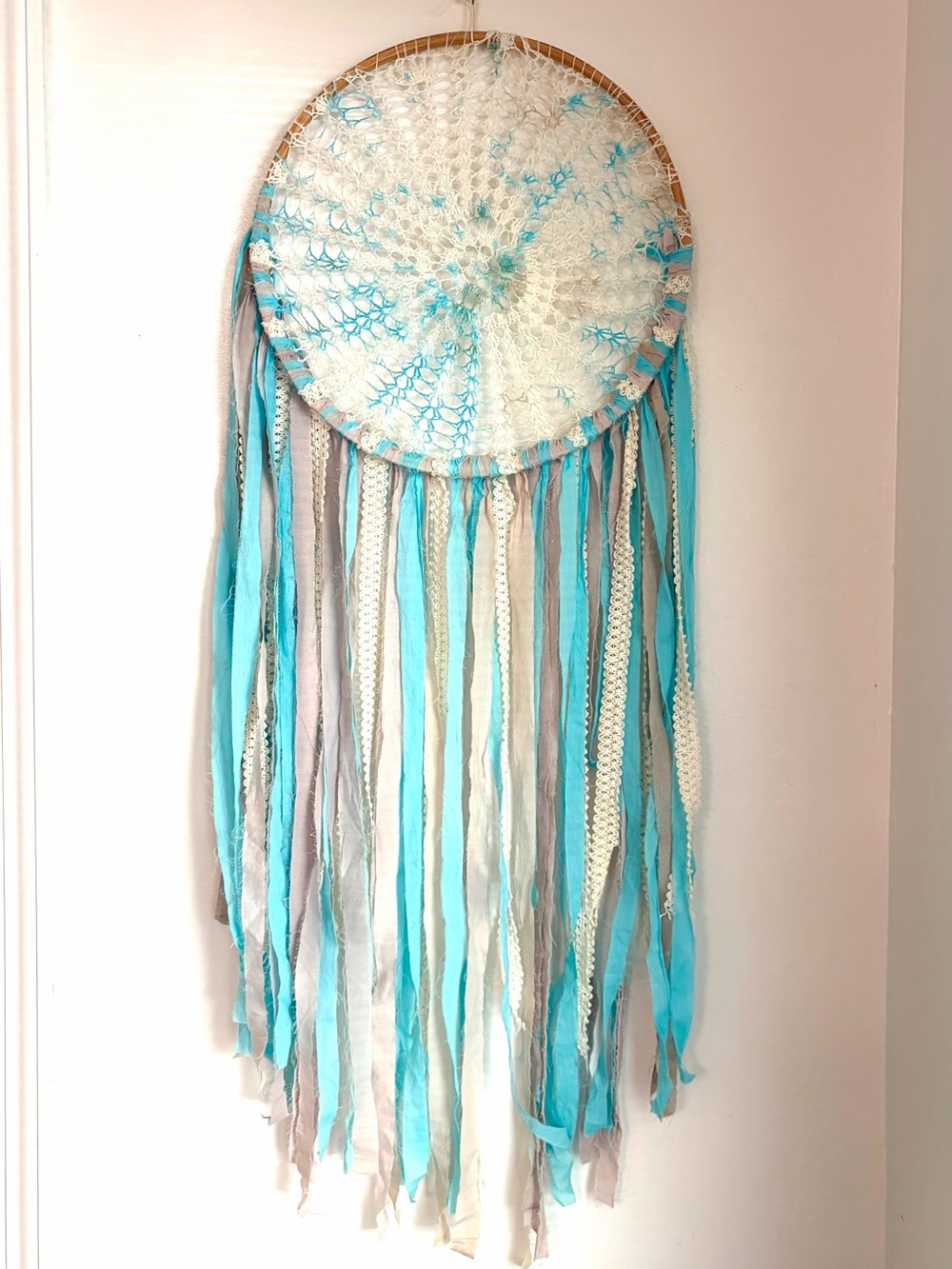 Handcrafted Boho Crochet Doily Dreamcatcher Wall Decor, Blue, Gray & Cream